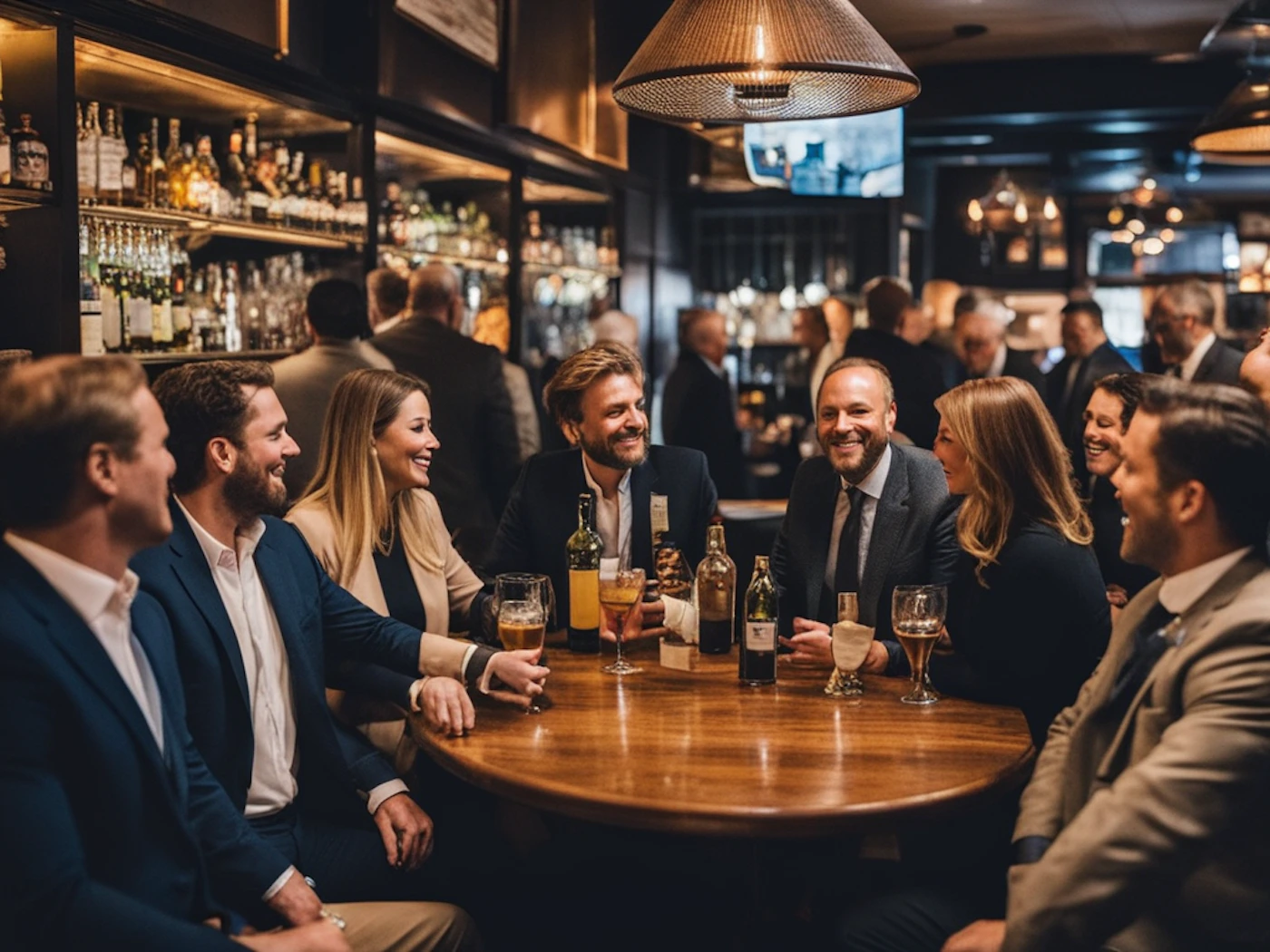 (Photo) A group of well-dressed people are gathered around a circular table in a bar, enjoying drinks and conversation. people | indoor | group of people, bar setting, drinks | candid Note: The image is a realistic depiction of a social gathering in a bar setting, captured through photography. It exhibits characteristics of a candid photograph, focusing on people interacting in a natural environment.