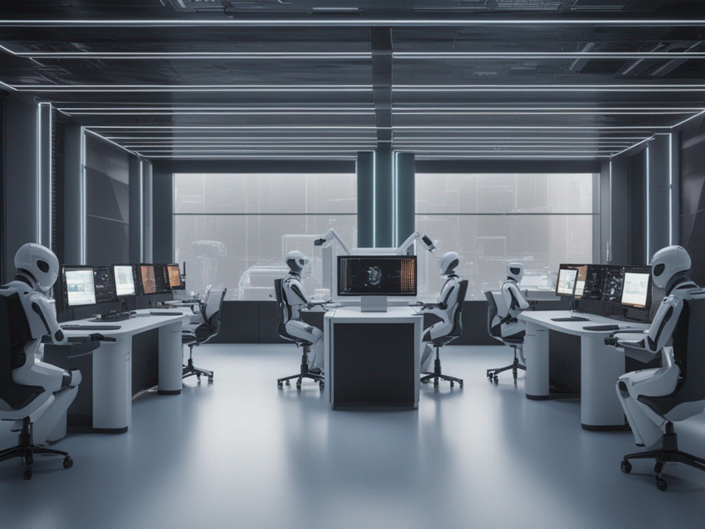 (Illustration) An illustration of a futuristic control room with several robots seated at computer terminals. 3D | Colors: #FFFFFF, #222222, #888888, #00FFFF Note: The image is a digitally created artwork depicting a futuristic scene, not a photograph or other type of image.