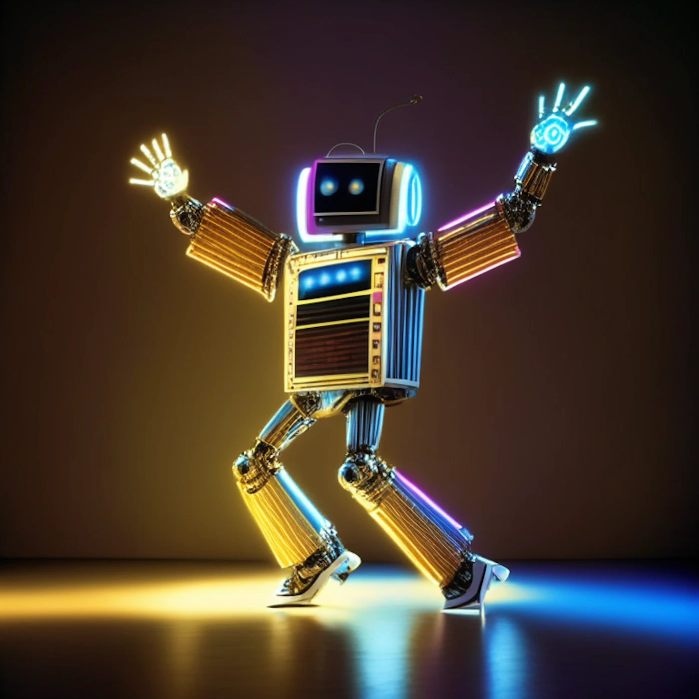 (Illustration) A robot with a vintage radio for a body is dancing with its arms raised. 3D Note: The image is a digitally created artwork depicting a robot, making it an illustration.