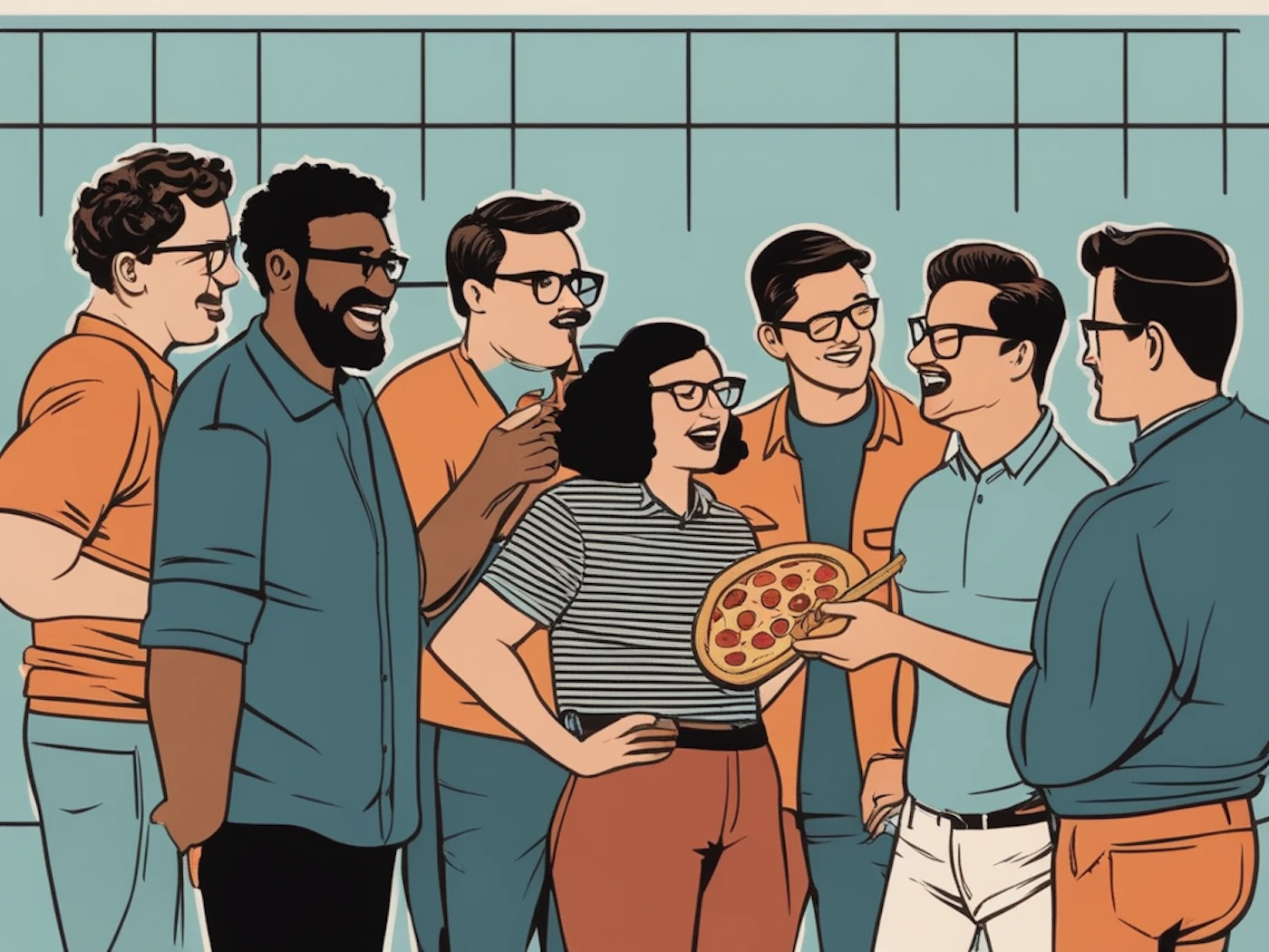 (Illustration) A group of friends or colleagues are gathered together, smiling and sharing a pizza. flat | Colors: #d0e1de, #f2e9d8, #ea634a, #377082, #e8935d Note: The image is a drawing, not a photograph, and depicts a scene in a stylized manner. It is clearly an illustration.