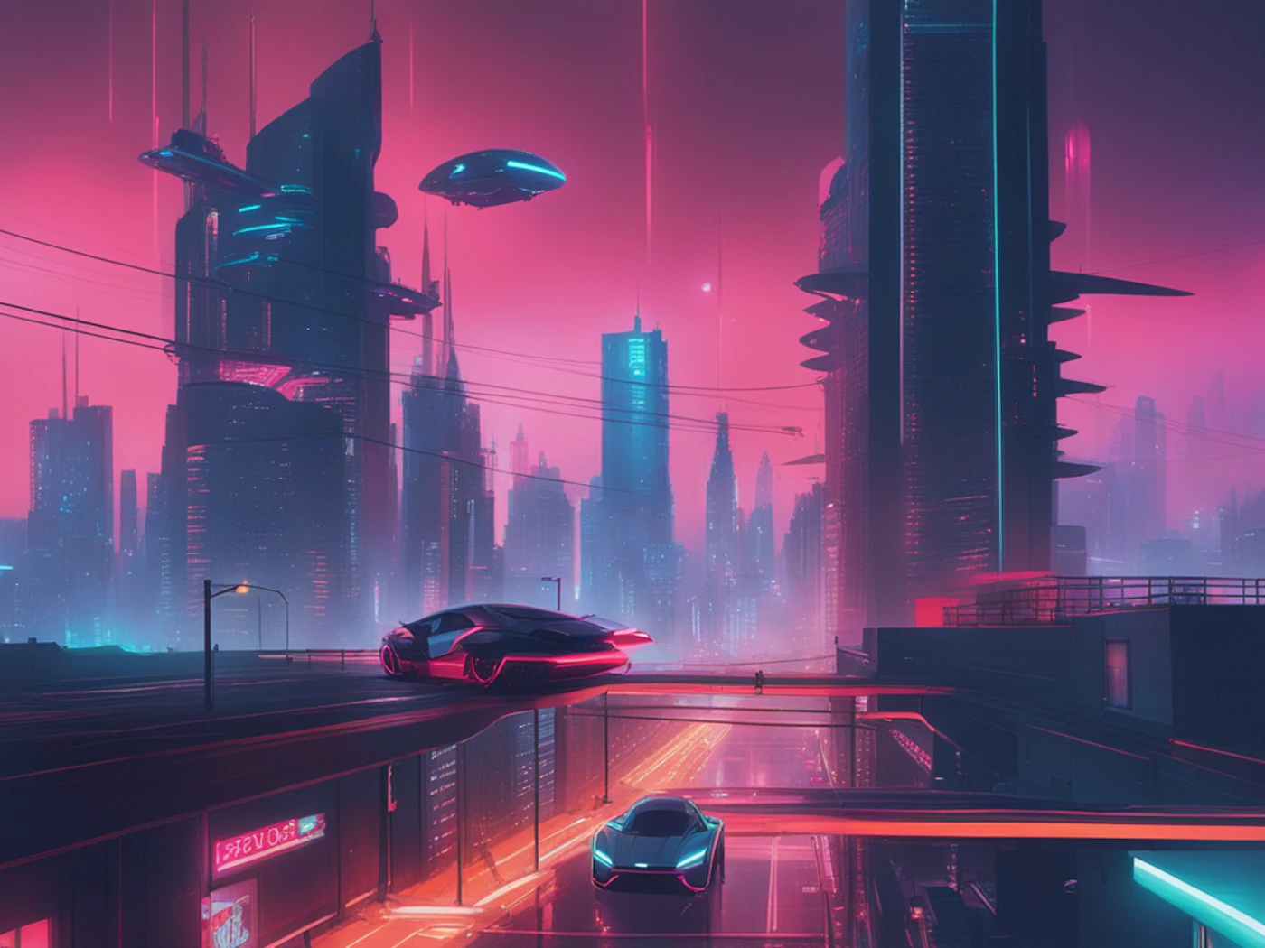 (Illustration) A futuristic cityscape at night, featuring flying vehicles, neon lights, and sleek, modern architecture. Text: ピザの店 3D | Colors: #FF69B4, #00FFFF, #8A2BE2 Note: The image is a digitally created artwork depicting a fictional scene, thus categorizing it as an illustration.