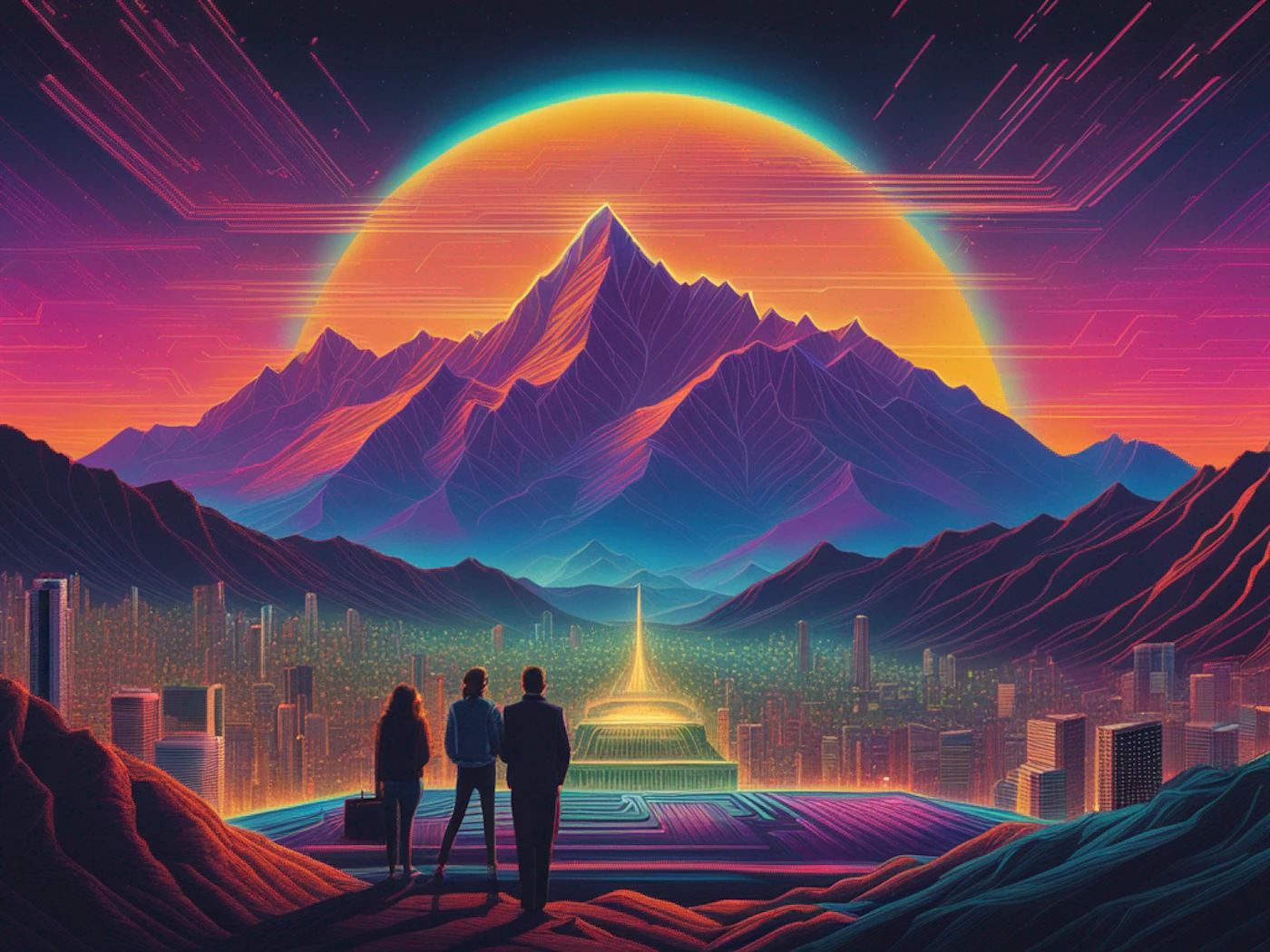 (Illustration) Three people stand on a hill overlooking a futuristic cityscape with a large, stylized mountain in the background and a glowing orange sun or other celestial body. retro-futuristic | Colors: #FF8000, #4B0082, #FF0000, #00FFFF Note: The image is a digitally created artwork with a distinct artistic style, rather than a photograph or other type of image.