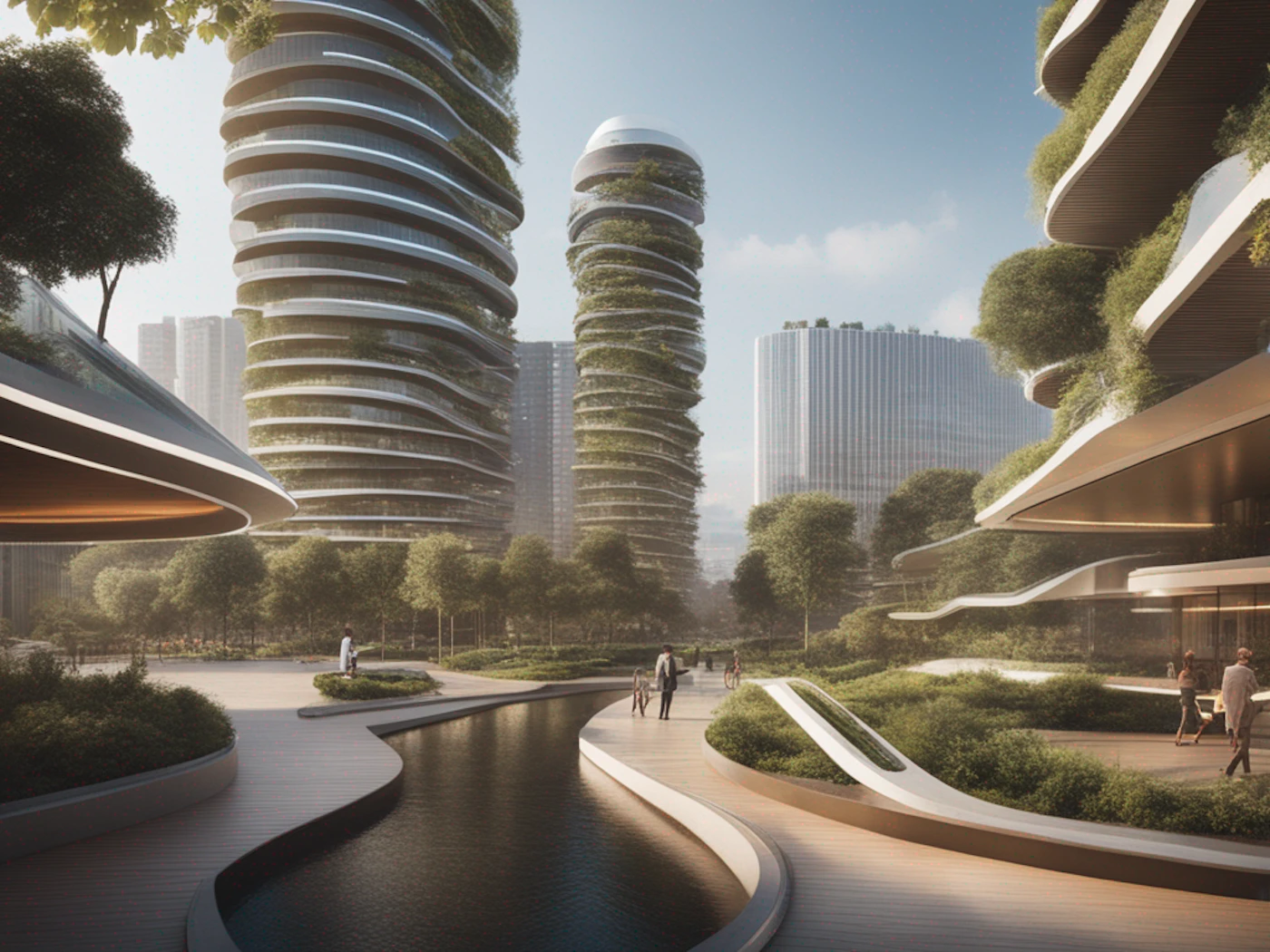 (Illustration) An illustration showcasing a futuristic cityscape with spiraling, green-covered skyscrapers, a meandering waterway, and people strolling through a park-like setting. 3D Note: The image is a digitally created artwork depicting an imagined urban environment, thus categorizing it as an illustration.