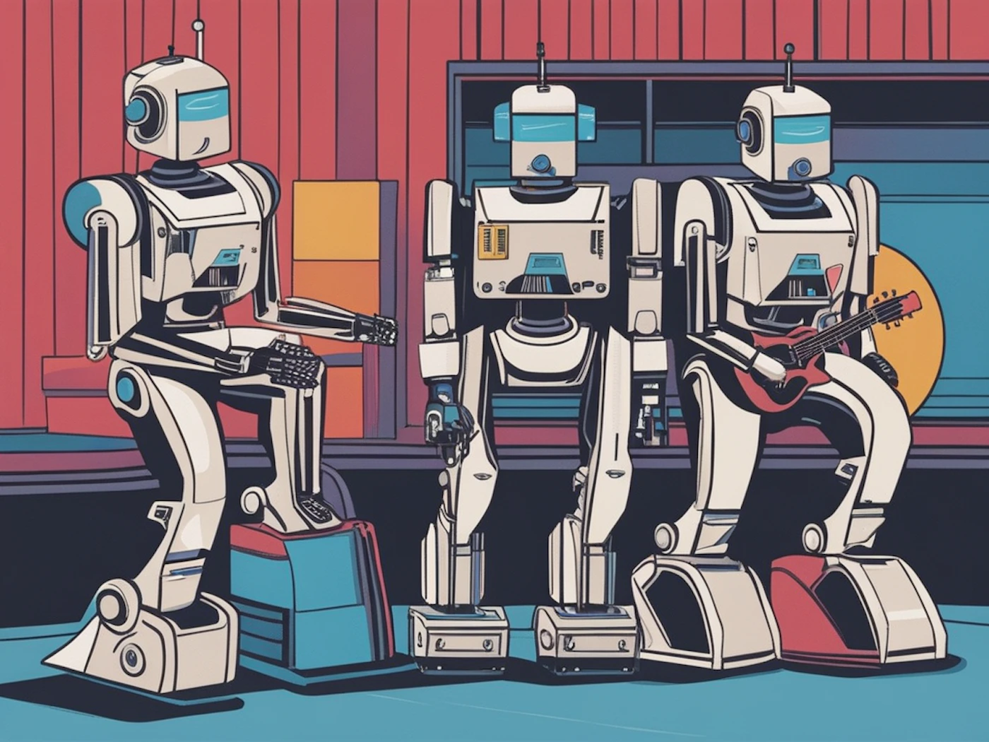 (Illustration) An illustration of three robots, one sitting and two standing, with one of the standing robots holding a guitar. flat | Colors: #FFFFFF, #B0C4DE, #CD5C5C, #B8860B Note: The image is a drawing of robots in a stylized setting, clearly an artistic representation rather than a photo or other image type.