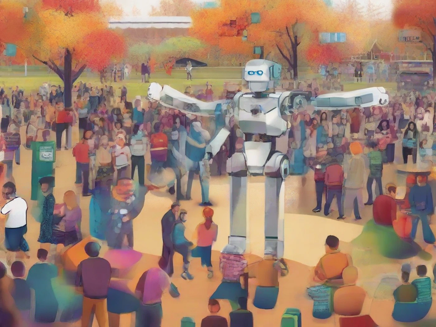 (Illustration) An illustration of a large robot in a park surrounded by a crowd of people. The scene appears to be set in autumn with colorful trees in the background. impressionistic Note: The image is a stylized depiction of a scene, not a photograph, and has the characteristics of a digitally created illustration, specifically resembling an artistic rendering.