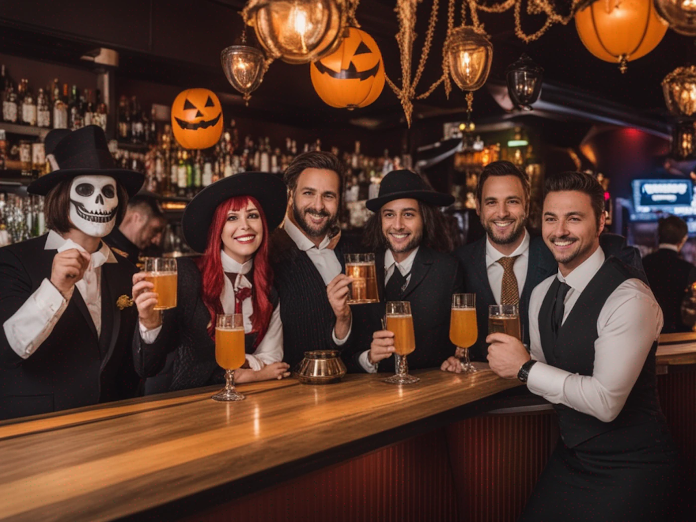 (Photo) A group of friends are celebrating Halloween at a bar, holding drinks and smiling at the camera.  Halloween decorations, including pumpkin lanterns, are visible in the background. people | indoor | group of friends, Halloween costumes and decorations, bar setting | candid Note: This is a real-life photograph of people in a specific setting.  It captures a moment in time and is not a drawing, logo, or banner.