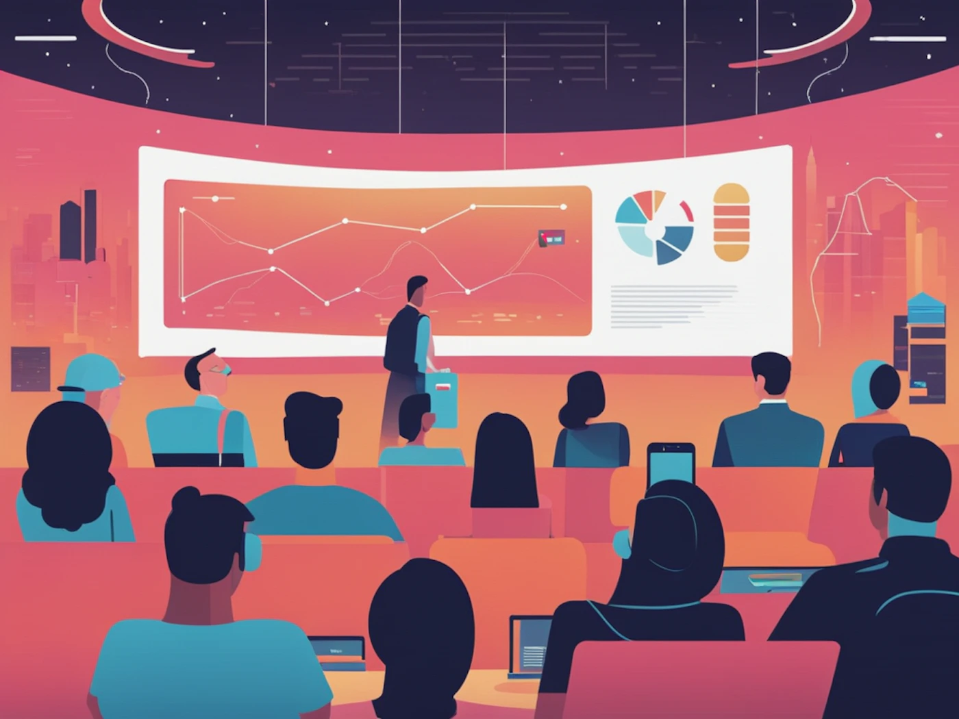(Illustration) An illustration of a business presentation, with an audience watching a presenter in front of a large screen displaying charts and graphs. flat, 2D | Colors: #F05454, #30475E, #222831, #DDDDDD Note: The image is a stylized, non-photographic depiction of a scene, indicating it's an illustration. It uses simplified shapes and a limited color palette.