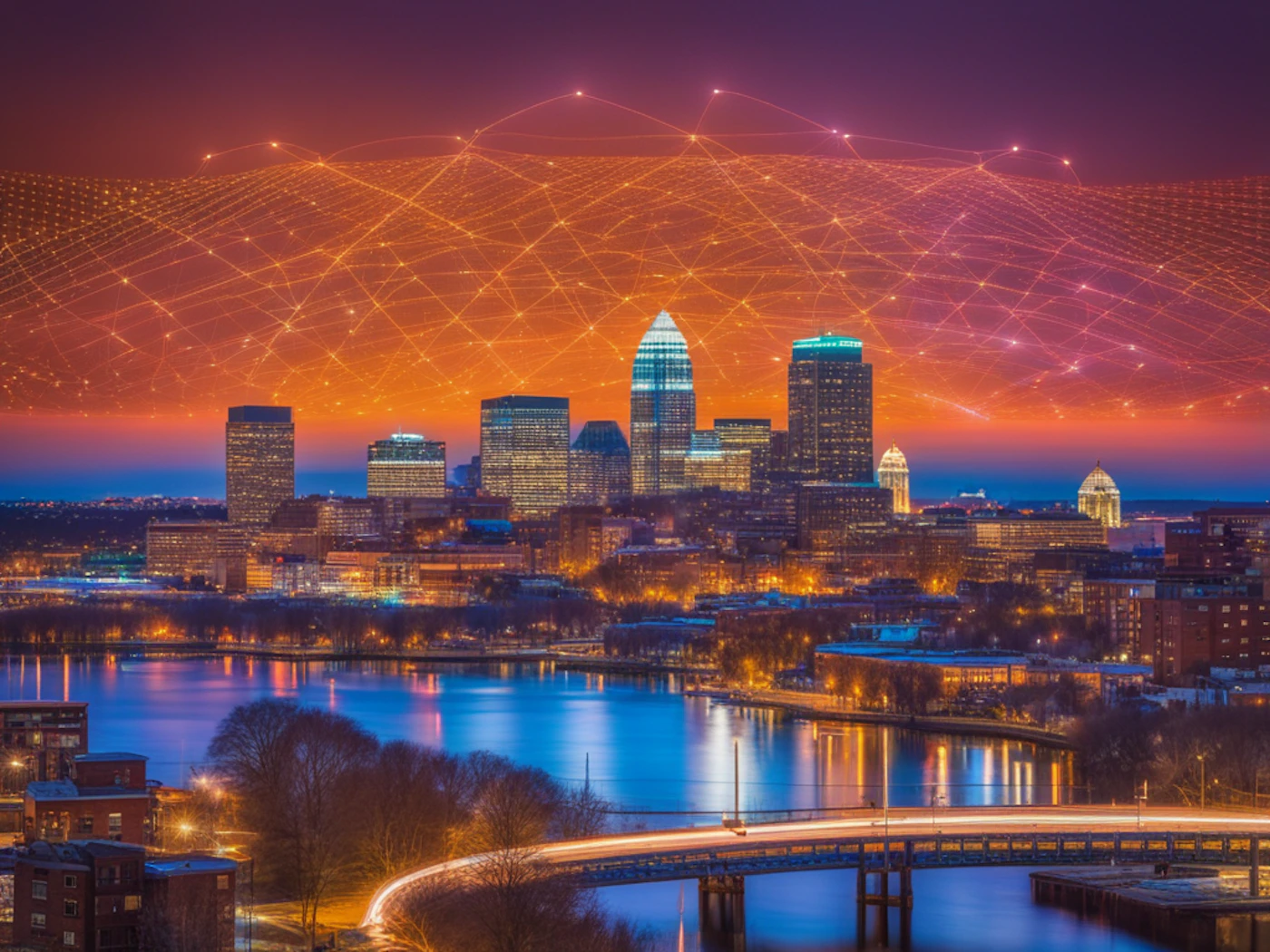 (Photo) A cityscape at night with a network graphic overlaid, suggesting interconnectedness or digital infrastructure. cityscape | outdoor | network overlay, river, bridge, city lights | night photography | Colors: #002244, #FF8800, #115599 Note: The image is a photograph of a city skyline at night, with an overlaid graphic. It captures a real-world scene.