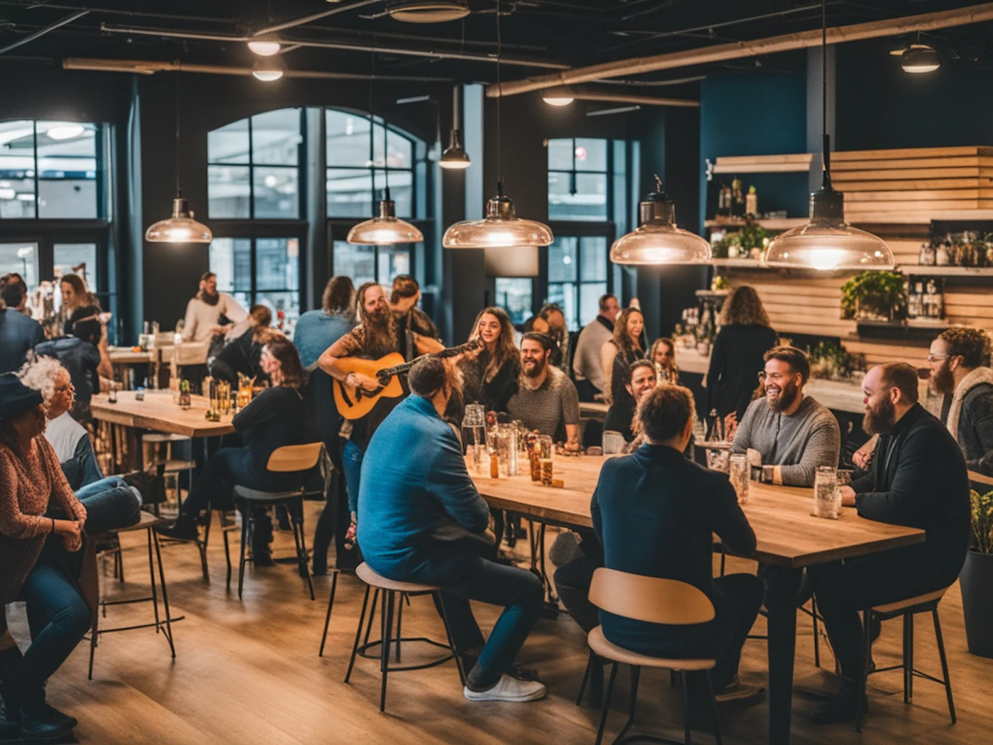 (Photo) A photo of a lively bar or restaurant scene with people seated at tables, enjoying drinks and live music. people | indoor | live music, multiple people, bar area | candid Note: This is a photograph capturing a real-life scene within a bar or restaurant.  It depicts people, furniture, and a general atmosphere.