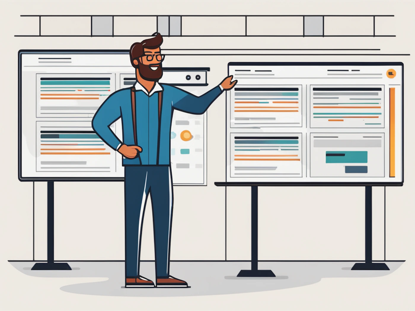 (Illustration) A man is presenting information on two digital whiteboards. He is gesturing towards the board on the right. flat, line-art | Colors: #3b7ea0, #f29d35, #e5e5e5 Note: The image is a drawing, not a photograph, and depicts a scene rather than a single object like a logo.  It's clearly an illustration designed to convey a concept.
