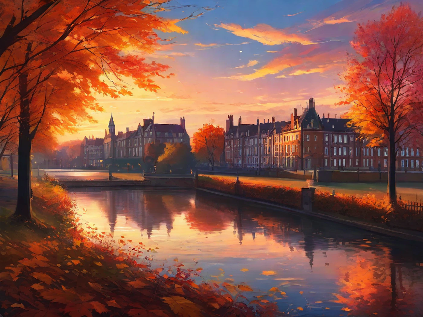 (Illustration) An illustration of a canal lined with buildings and trees in autumn. The warm sunset colors reflect in the water. realistic | Colors: #e67e22, #d35400, #f39c12, #e74c3c Note: The image is a digitally created artwork depicting an idealized scene, making it an illustration.