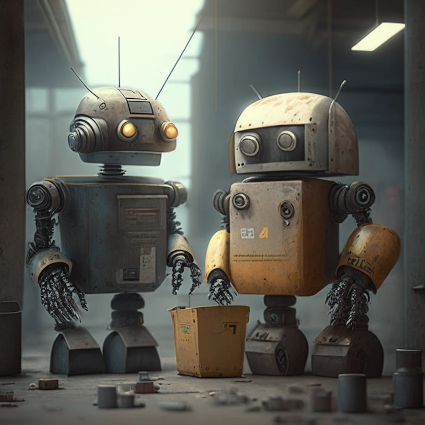 (Illustration) Two vintage-style robots stand next to a small box on a littered floor in a dimly lit space. Text: 4 3D | Colors: #a7a28f, #d4b860, #72777d Note: This is a digitally created image depicting fictional robots, making it an illustration.