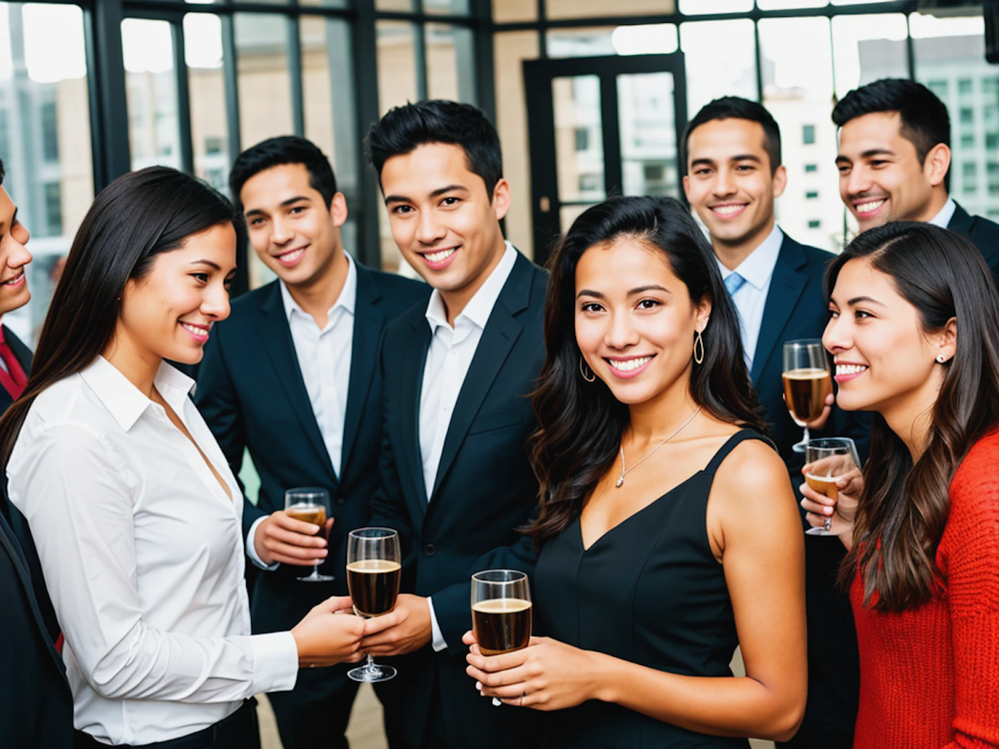 (Photo) A group of formally dressed young professionals, consisting of men in suits and women in cocktail attire or business casual, are socializing at an indoor reception or party. They are smiling and holding champagne flutes filled with a sparkling beverage. group of young adults/professionals socializing | indoor (corporate event space or reception area with large windows) | Seven people clearly visible, all smiling; formal attire; holding champagne glasses. | candid/event photography, slightly posed | Colors: #000000, #FFFFFF, #A07F5C, #D4A96E Note: The image is a realistic photograph capturing a moment in time involving multiple people, characterized by natural lighting and detailed texture.