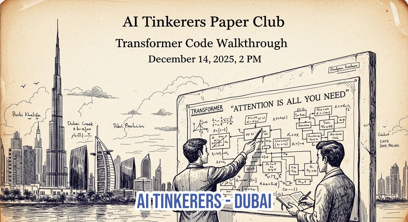 A promotional banner for the 'AI Tinkerers Paper Club' featuring a vintage, sepia-toned illustration of the Dubai skyline and two men analyzing a complex technical diagram on a whiteboard.. Text: AI Tinkerers Paper Club
Transformer Code Walkthrough
December 14, 2025, 2 PM
AI TINKERERS - DUBAI
Burj Khalifa
Dubai Creek & [unreadable]
Dubai Pavilion
Central Date Palms
TRANSFORMER
"ATTENTION IS ALL YOU NEED"
[Numerous unreadable mathematical formulas and flowchart labels]