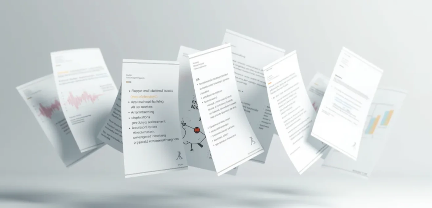 (Other) Several sheets of paper with text and some graphics are scattered in the air against a plain off-white background. Text: Floppet endidiaevalors Appilesd soce buiding All on Anenstemming dsploators per dilly's soment Amortacinto Omeckynet Ineockang prestalagers MA RA Mic Note: The image primarily depicts scattered documents, which don't fit neatly into any of the predefined categories. While the documents contain text and graphics, the focus is on their arrangement and not on the content itself, making it neither primarily handwriting, a banner, a logo, a photo, nor an illustration.