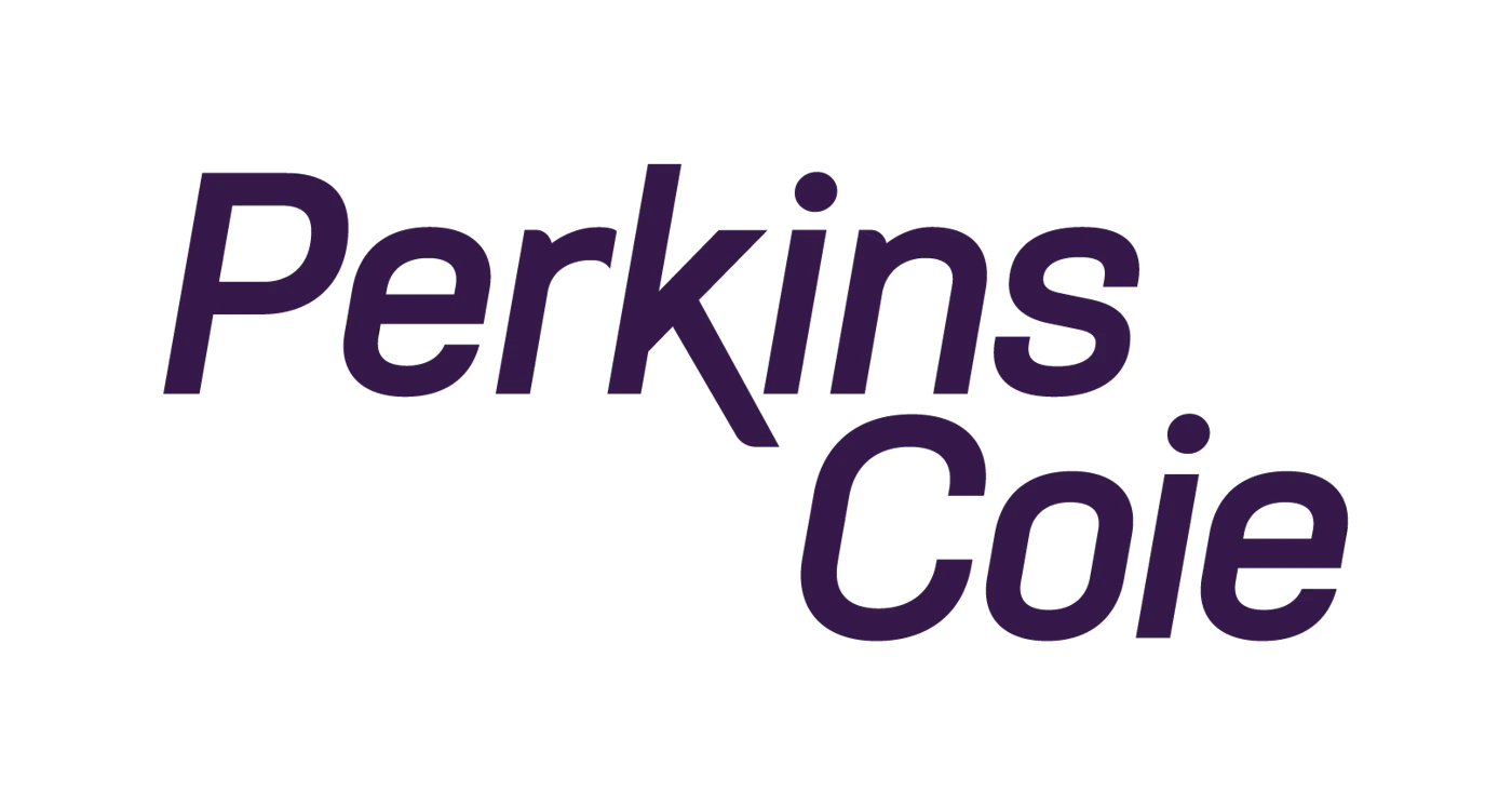 (Logo) A logo featuring the words 'Perkins Coie' in a dark purple, italicized sans-serif font, with 'Coie' positioned below and to the right of 'Perkins', all set against a solid black background. Text: Perkins Coie Colors: #4F267A, #000000 Note: The image consists of a stylized company name presented in a specific font and layout, designed for brand identification, which is characteristic of a logo.