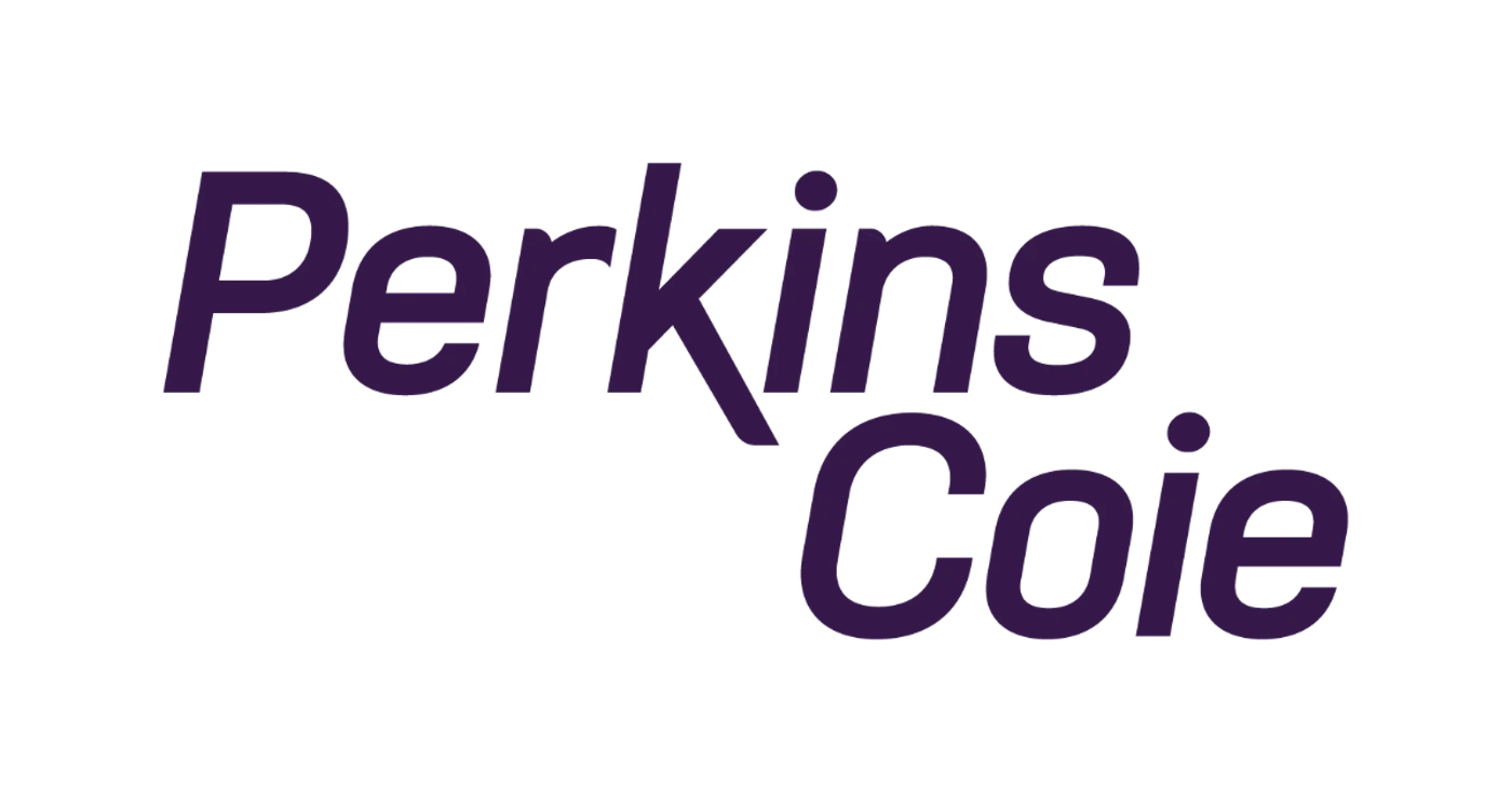 (Logo) The image displays the word 'Perkins' on the top line and 'Coie' on the bottom line, both in a dark purple, italicized sans-serif font. The text is set against a solid black background. Text: Perkins Coie Colors: #4F2E7C, #000000 Note: The image features a company name presented in a distinct, stylized font and layout, characteristic of a corporate identity mark. It lacks other elements typically found in banners, photos, or illustrations.
