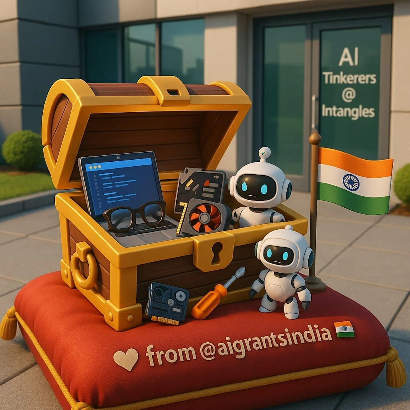 (Illustration) A vibrant 3D illustration depicts an open golden treasure chest overflowing with tech components like a laptop, circuit boards, and a cooling fan, accompanied by two small, white robots. The chest rests on a plush red velvet cushion, with an Indian flag and a building featuring text visible in the background. Text: AI Tinkers @ Intangles from @aigrantsindia 3D, glossy, clean lines | Colors: #F5C542, #C8322B, #1E90FF, #FFFFFF, #36B050, #FF9933 Note: The image is a computer-generated artwork with a distinct 3D, cartoon-like aesthetic, depicting a scene rather than a real-world photograph or a simple logo/banner, making 'illustration' the most fitting category.