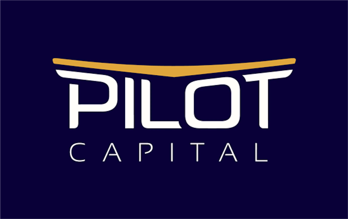 (Logo) A logo for 'PILOT CAPITAL' featuring white text for the company name, with a prominent gold, wing-like graphic element positioned above the word 'PILOT', all set against a solid dark blue background. Text: PILOT CAPITAL Colors: #1E1D50, #FFFFFF, #D4AF37 Note: The image clearly displays a stylized company name along with a unique graphic symbol, designed to represent a brand or organization, which are the defining characteristics of a logo.