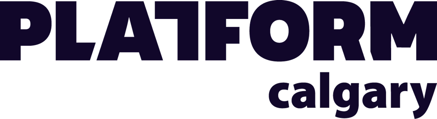 (Logo) The image displays a logo featuring the word 'PLATFORM' in large, bold, uppercase letters, with 'calgary' in smaller, lowercase letters directly below it. Both words are rendered in a dark purple color against a solid black background. Text: PLATFORM calgary Colors: #2F2459, #000000 Note: This image is clearly a stylized representation of a name, designed for brand identification, which is the primary characteristic of a logo. It consists of text with a specific font and color scheme against a solid background.