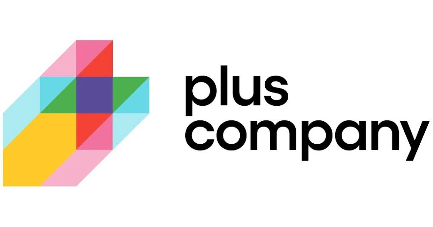 (Logo) The image shows the logo for 'plus company', featuring a colorful, geometric plus sign made of various triangles next to the company name in black text. Text: plus company Colors: #000000, #F862A3, #E83F33, #5EAE4E, #674196, #FFC82C, #87E1ED Note: The image displays a brand name paired with a unique graphic symbol on a plain background, which is the standard format for a corporate logo.