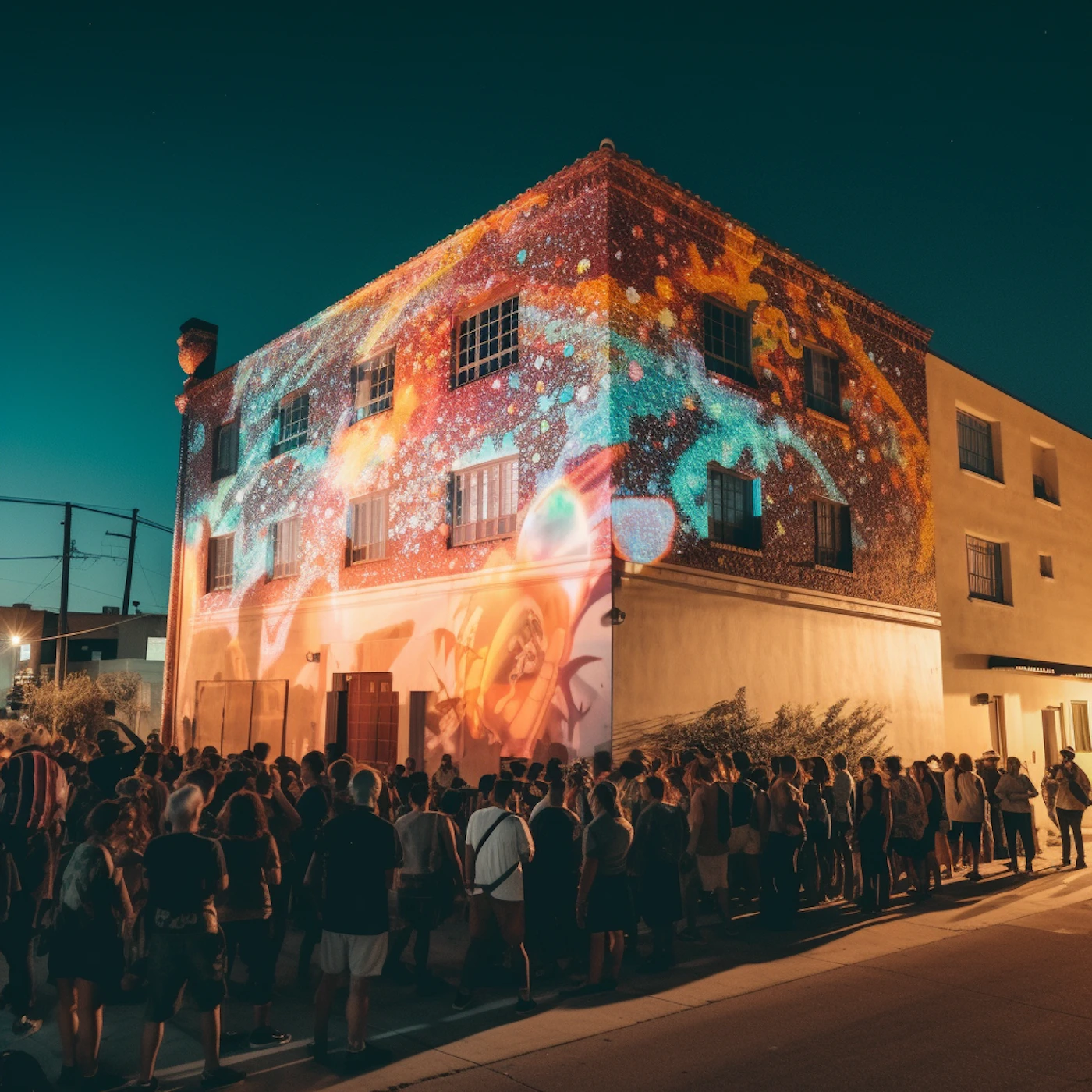(Photo) A crowd of people stands in line outside a building at night.  A colorful, animated projection covers the building's facade. people, building | outdoor | crowd, light projection, night scene | candid Note: The image is a real-life captured scene of a crowd gathered outside a building with projected art, making it a photograph.