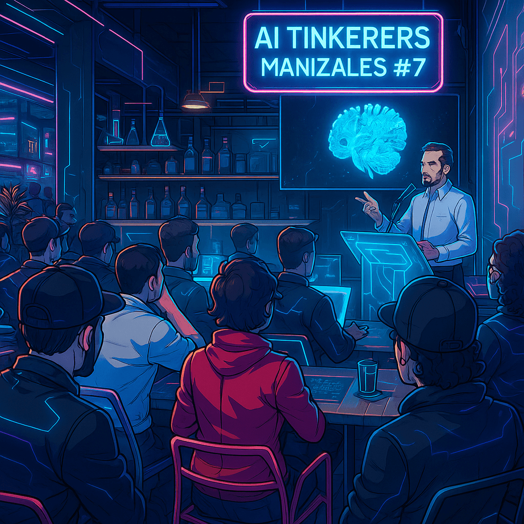An illustration depicting a tech or AI-related presentation in a dimly lit, futuristic setting. A speaker addresses an audience in front of a screen displaying a neon blue brain, with a prominent neon sign above.. Text: AI TINKERERS MANIZALES #7