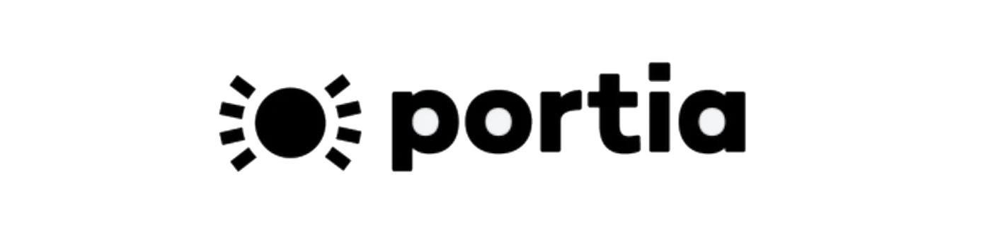(Logo) A logo featuring the word "portia" in a modern, sans-serif font, accompanied by a stylized sun or light source icon. The text and icon are rendered in white/light gray with a subtle dark outline, set against a solid black background. Text: portia Colors: #000000, #FFFFFF, #E0E0E0 Note: The image clearly displays a brand name alongside a distinct graphic element, designed for identification and branding purposes, which are the primary characteristics of a logo.