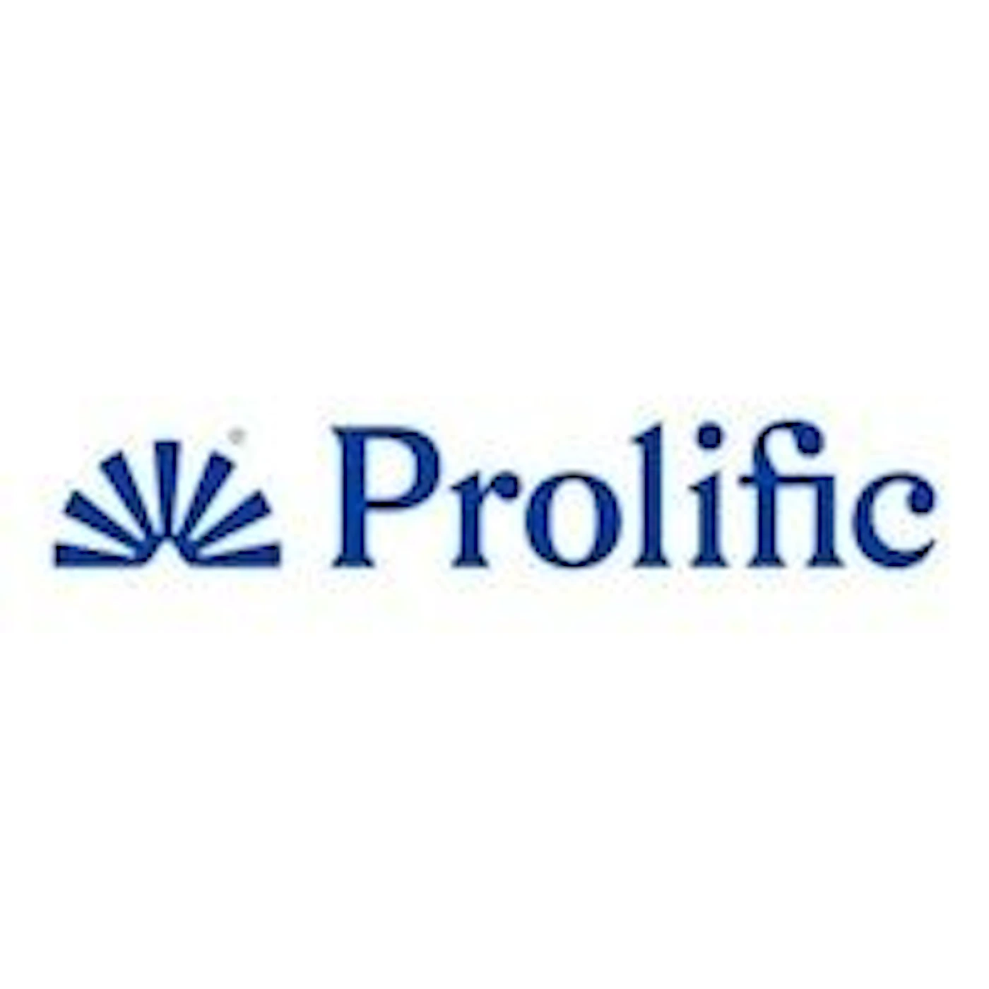 (Logo) A corporate logo featuring the word "Prolific" written in dark blue next to a stylized, segmented fan or sunburst graphic element. Text: Prolific Colors: #002366 Note: The image is a stylized combination of a brand name and a graphic symbol, clearly intended for brand identification, which classifies it as a logo.