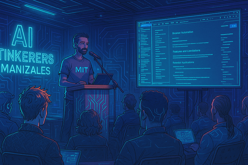 A digital illustration depicting a speaker at a podium giving a presentation to an audience in a dark, tech-themed room. The room features glowing neon signs and a large screen displaying technical information.. Text: AI TINKERERS MANIZALES MIT Browser Automation Features and Limitations Potential Applications