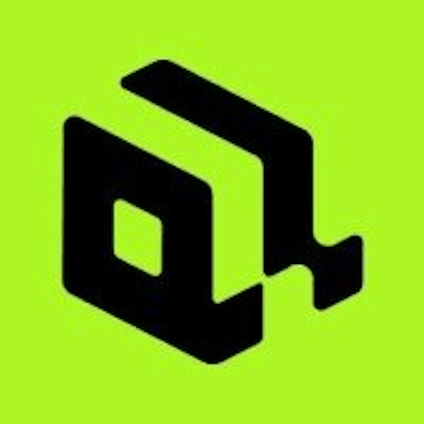 (Logo) A black abstract geometric logo consisting of two rounded shapes separated by a diagonal gap, set against a bright lime green background. Colors: #99ff00, #000000 Note: The image features a stylized, minimalist graphic mark centered on a solid color background, which is a standard format for a brand logo.