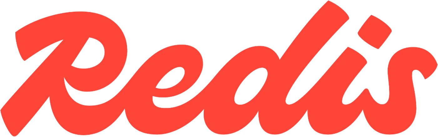 (Logo) The image displays the wordmark 'Redis' written in a bold, flowing script font, colored in a vibrant coral-red against a solid black background. Text: Redis Colors: #F94334, #000000 Note: The image consists solely of a highly stylized wordmark intended for brand identification, which fits the definition of a logo.