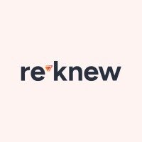 (Logo) A minimalist logo for 're knew' featuring dark gray text with a small orange inverted triangle replacing the dot of the 'e', set against a light, pale pink background. Text: re knew Colors: #333333, #E5905C, #F8EDE7 Note: The image clearly presents a stylized brand name 're knew' with a unique graphic element, which is the primary function and characteristic of a logo designed for brand identification.
