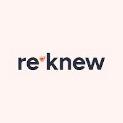 (Logo) A minimalist logo for 're knew' featuring dark gray text with a small orange inverted triangle replacing the dot of the 'e', set against a light, pale pink background. Text: re knew Colors: #333333, #E5905C, #F8EDE7 Note: The image clearly presents a stylized brand name 're knew' with a unique graphic element, which is the primary function and characteristic of a logo designed for brand identification.