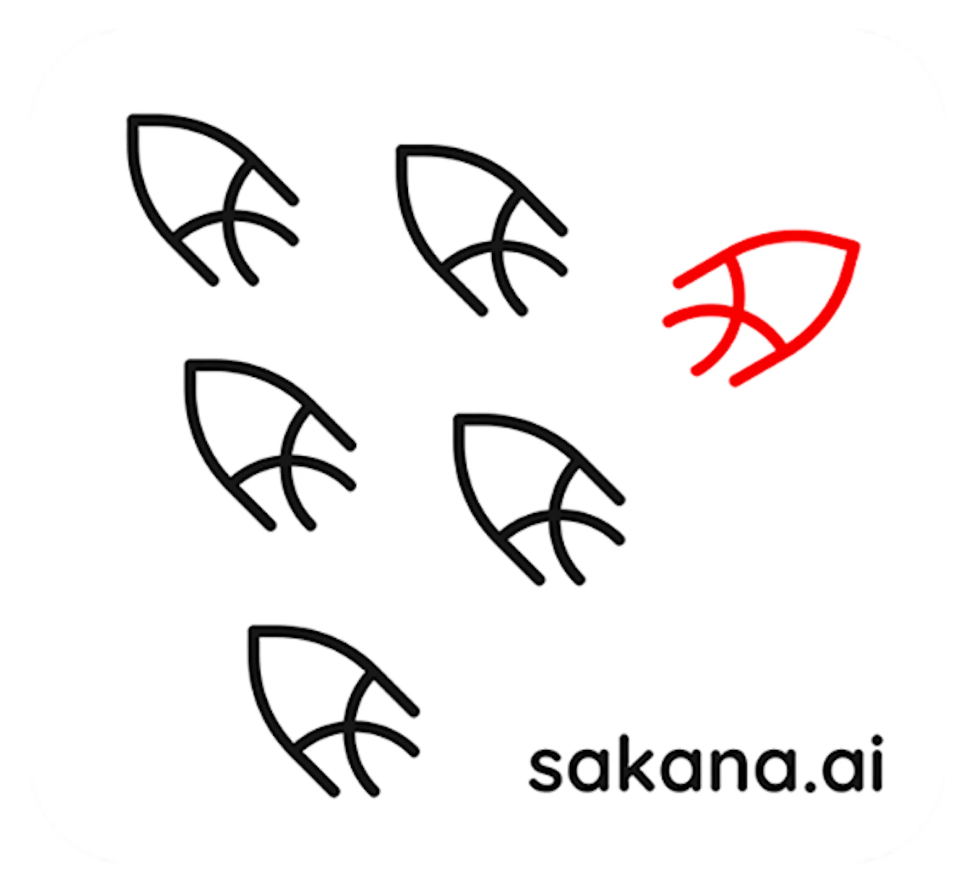 (Logo) A minimalist logo featuring five stylized, abstract shapes resembling fish or arrowheads, four outlined in black and one highlighted in red, positioned above the text "sakana.ai" on a white background. Text: sakana.ai Colors: #FFFFFF, #000000, #FF0000 Note: The image functions as a brand identifier, combining a distinctive graphic element (the stylized shapes) with a company name/domain, typical of a logo design.