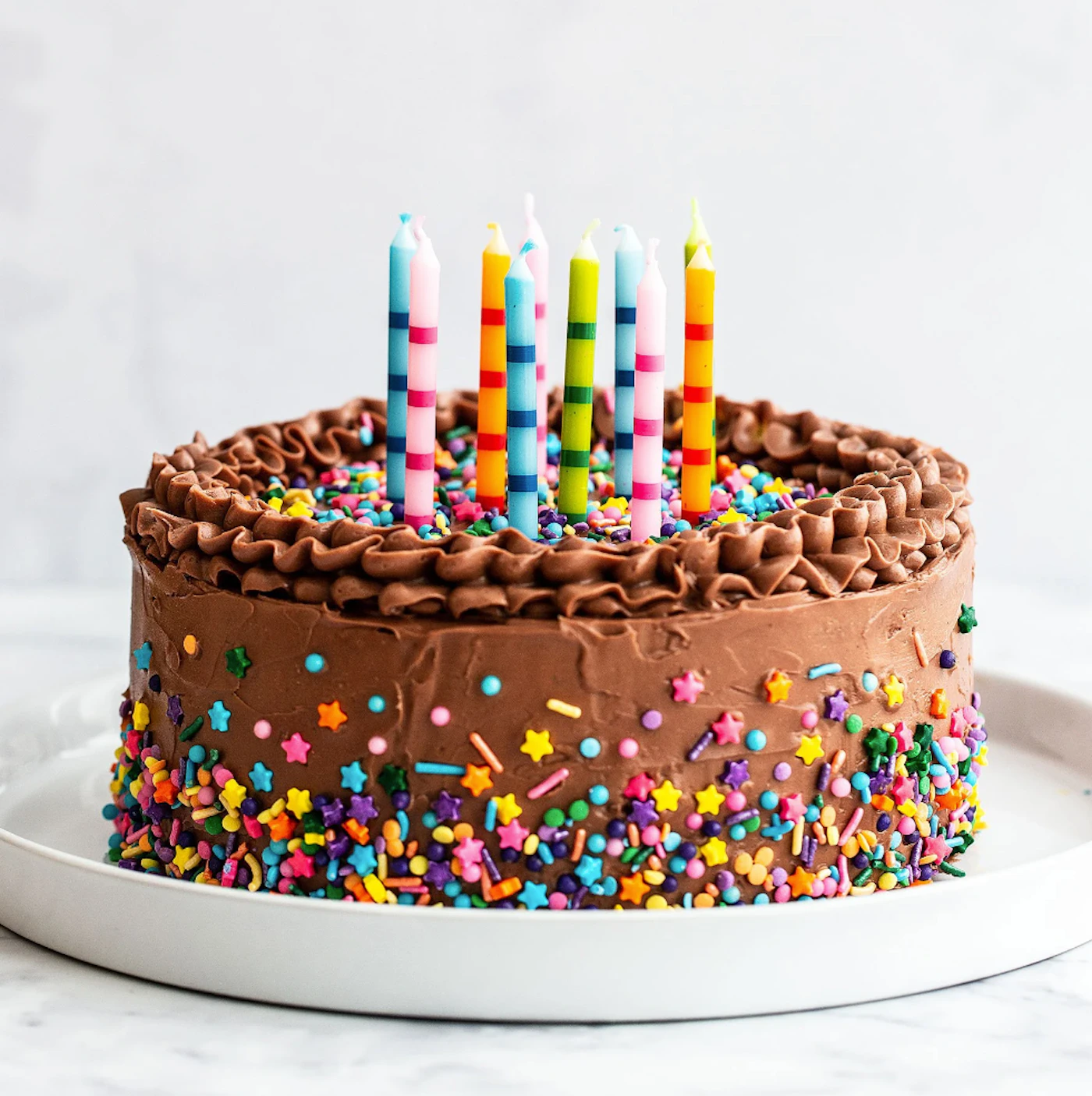(Photo) A chocolate frosted cake decorated with colorful sprinkles and topped with striped birthday candles sits on a white plate. cake | indoor | birthday candles, sprinkles | food photography | Colors: #8B4513, #A0522D, #FFC0CB, #008000, #FFA500, #0000FF Note: This is a real-life photograph of a cake. It captures a physical object and is not a drawing, logo, or banner.