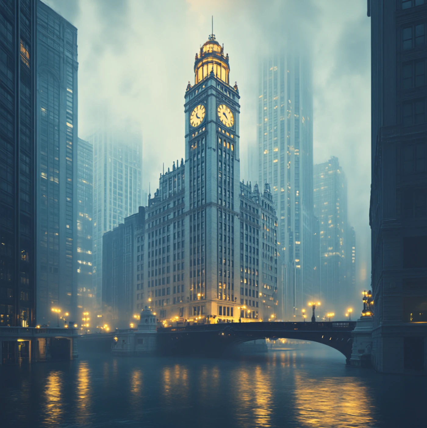 (Photo) A cityscape at night, shrouded in fog, features a prominent clock tower illuminated with warm light. A bridge spans a river in the foreground. cityscape | outdoor | clock tower, bridge, river, fog | nightscape | Colors: #263248, #FFD700, #192333 Note: The image is a realistic depiction of a city scene, captured as a photograph. It showcases architectural details and atmospheric conditions.
