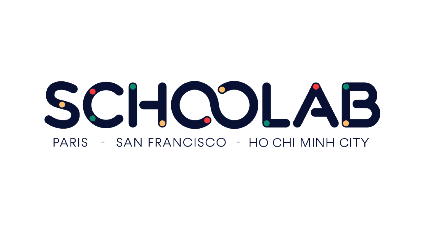 (Logo) A logo featuring the word 'SCHOOLAB' in a stylized dark blue font, with small colorful dots accenting some letters and an infinity symbol forming the double 'o'. Below it, a secondary line lists three cities: Paris, San Francisco, and Ho Chi Minh City. Text: SCHOOLAB PARIS - SAN FRANCISCO - HO CHI MINH CITY Colors: #1C304F, #E65858, #F7C84E, #5DC18B, #FFFFFF Note: The image clearly presents a brand name ('SCHOOLAB') with a distinctive typographic design and supporting text (locations), intended to identify an organization, which is the primary function of a logo.