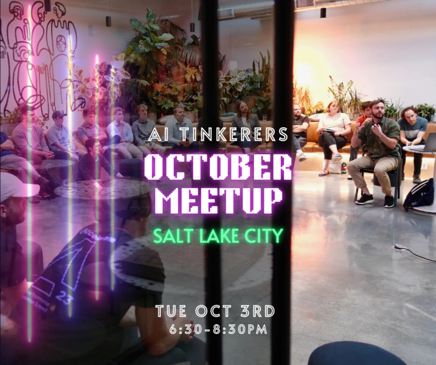 (Banner) A promotional image for an AI Tinkerers meetup in Salt Lake City. Text: AI TINKERERS OCTOBER MEETUP SALT LAKE CITY TUE OCT 3RD 6:30-8:30PM ACCO 23 modern, tech-inspired | Colors: #d63384, #5cb85c Note: The image is designed to announce an event, with prominent text overlayed on a photo of the venue. It functions as a digital flyer or banner.