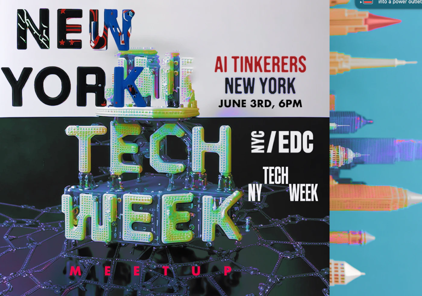 (Banner) This image is a promotional banner for a New York Tech Week meetup hosted by AI Tinkerers. Text: NEW YORK AI TINKERERS NEW YORK JUNE 3RD, 6PM TECH/EDC WEEK TECH NY WEEK into a power outlet modern, bold | Colors: #007bff, #ffffff, #000000, #28a745 Note: The image clearly promotes an event with headline text, date/time information, and location, indicating its purpose as a banner.