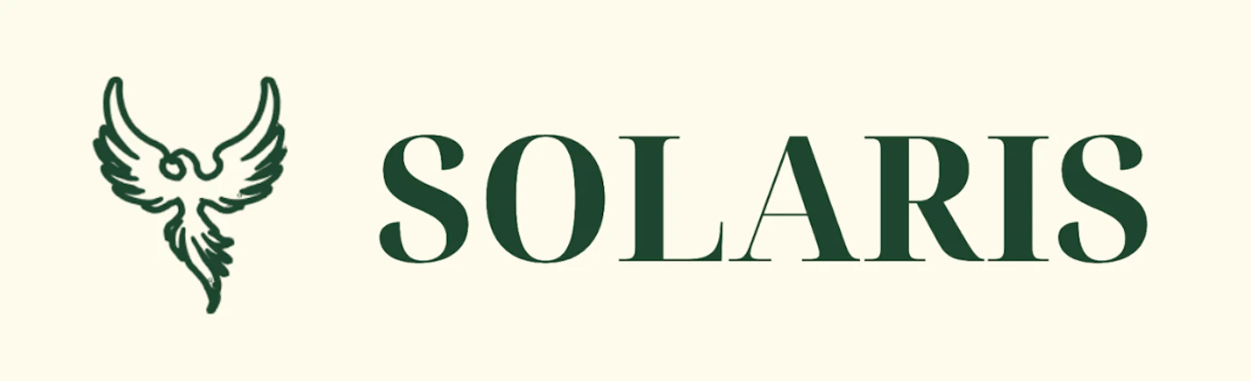 (Logo) A logo featuring a stylized dark green bird graphic positioned to the left of the word 'SOLARIS', which is rendered in a matching dark green serif font, all set against a light cream-colored background. Text: SOLARIS Colors: #254637, #F5F1E8 Note: This image combines a distinct graphic symbol with a brand name, which is the primary characteristic of a logo designed to represent an entity or product.