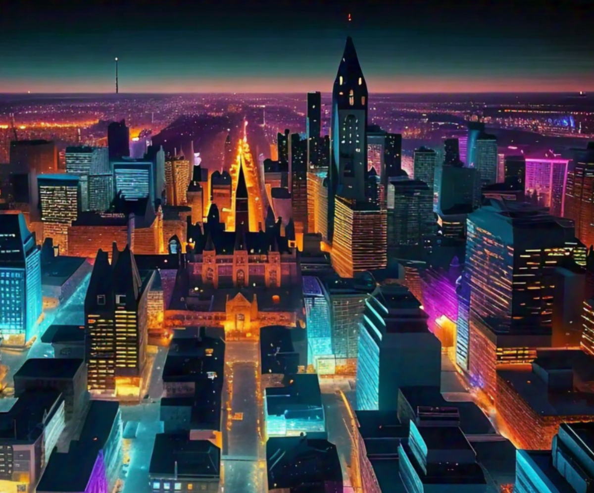 An aerial view of a brightly lit cityscape at night, possibly an illustration or digitally enhanced photo.