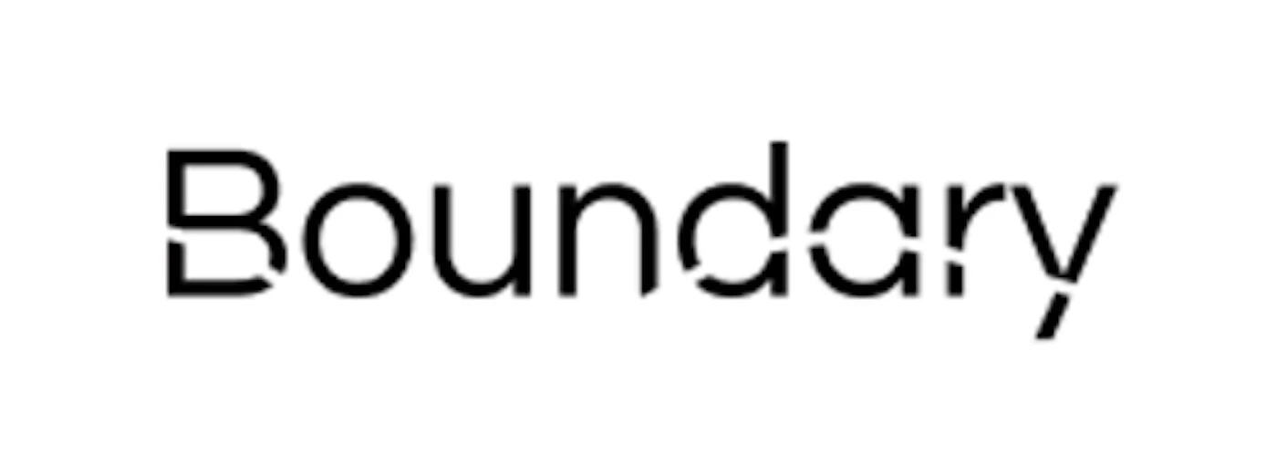 (Logo) The image displays the word 'Boundary' in a stylized black font on a white background, with some letters featuring subtle breaks. Text: Boundary Colors: #000000, #FFFFFF Note: The image consists solely of a stylized word, 'Boundary', presented in a unique font with specific design elements, which is characteristic of a brand's wordmark logo.
