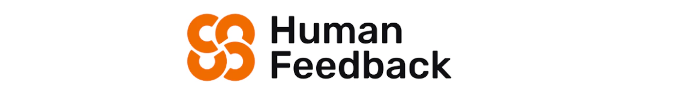 (Logo) The image displays a logo for 'Human Feedback', featuring an abstract orange graphic symbol next to the company name in black text on a white background. Text: Human Feedback Colors: #F58220, #000000 Note: This image features a distinctive graphic element paired with a company name, designed to represent a brand. This fits the definition of a logo.