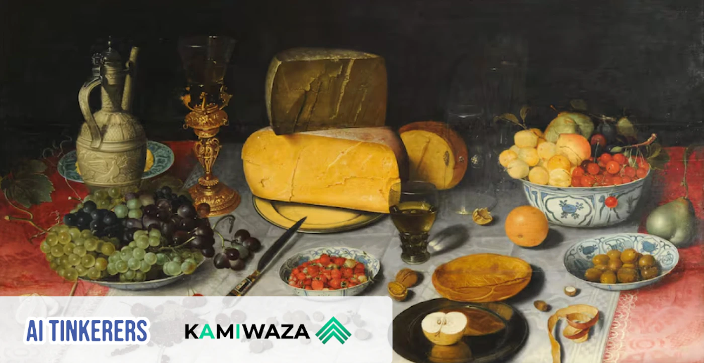 (Photo) A painting of a table laden with food and drink, including cheese, fruit, grapes, and a pitcher. Text: AI TINKERERS KAMIWAZA still life | indoor | Variety of food items, classic still life composition | photo of a painting Note: The image is a photograph of a painting, thus categorized as a photo.  It captures the details of the artwork and its presentation.