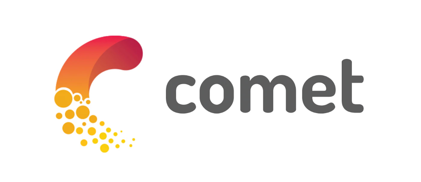 (Logo) A modern logo featuring the word "comet" in dark gray lowercase letters, positioned to the right of a stylized graphic element. The graphic consists of a curved shape with a red-to-orange gradient, followed by a trail of varying sized orange and yellow circles, all set against a clean white background. Text: comet Colors: #4A4A4A, #E02F4D, #F77F21, #FDCB1A, #FFFFFF Note: The image clearly presents a combination of a unique graphic symbol and a brand name, designed to represent a company or product, which is the defining characteristic of a logo.