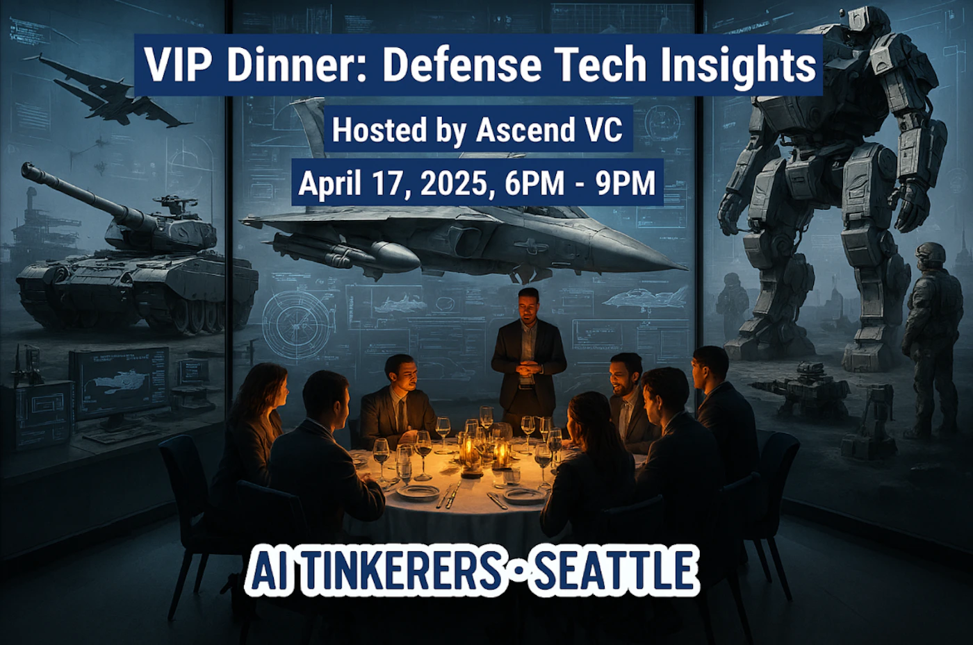 (Banner) This image promotes a VIP dinner event focused on defense technology insights, hosted by Ascend VC on April 17, 2025, from 6 PM to 9 PM. The event seems to be organized by AI Tinkerers in Seattle, as indicated by the text at the bottom. Text: VIP Dinner: Defense Tech Insights Hosted by Ascend VC April 17, 2025, 6PM - 9PM AI TINKERERS • SEATTLE modern, slightly futuristic | Colors: #003366, #FFFFFF Note: The image contains text arranged to promote an event, which is characteristic of a banner.