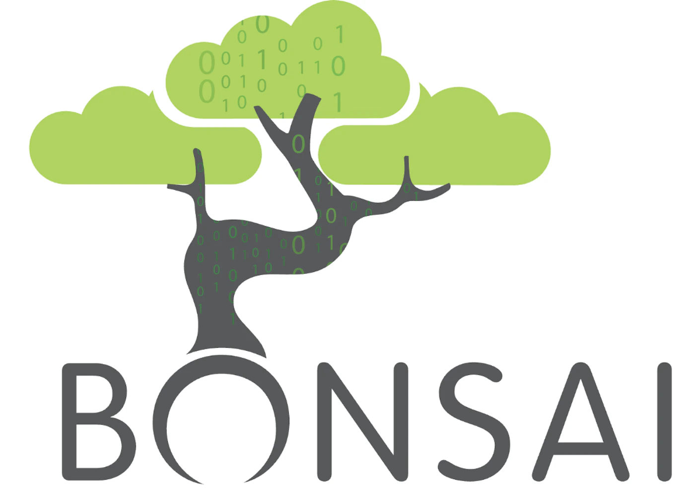 (Logo) A logo featuring a stylized bonsai tree with binary code integrated into its design, positioned above the word 'BONSAI'. The graphic uses shades of green and dark grey against a clean white background. Text: BONSAI Colors: #8DC63F, #58595B, #A8D870, #FFFFFF Note: This image combines a distinct graphic symbol (a stylized tree with binary elements) and a prominent brand name ('BONSAI'), designed for immediate recognition and association, which are key characteristics of a logo.