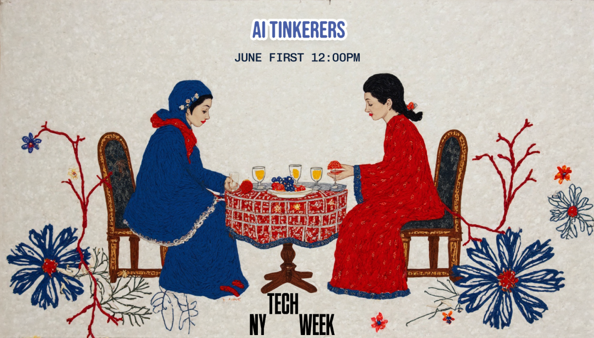This image appears to be a banner advertising an event called "AI Tinkerers" during Tech NY Week. It features an illustration of two women sitting at a table.. Text: AI TINKERERS
JUNE FIRST 12:00PM
TECH
NY WEEK