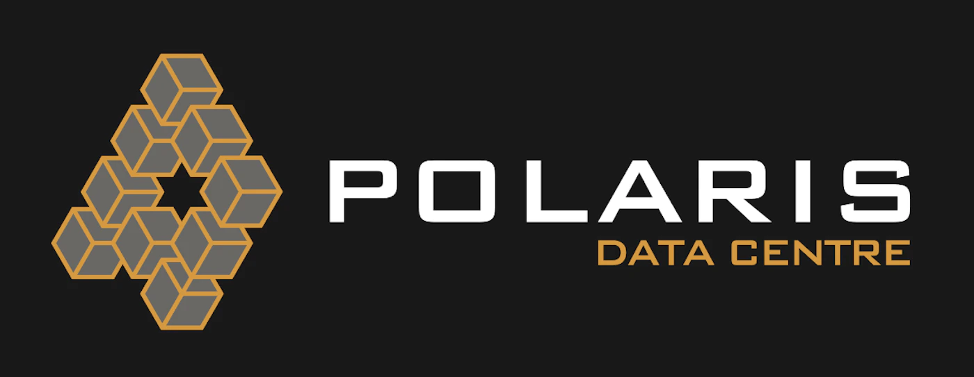 (Logo) A logo featuring an abstract arrangement of grey and orange 3D cubes on the left, with the word "POLARIS" in white and "DATA CENTRE" in orange text on the right, all set against a dark grey background. Text: POLARIS DATA CENTRE Colors: #222222, #FFFFFF, #E6A23C, #808080 Note: This image is identified as a logo because it combines a unique graphical mark (the arrangement of cubes) with a company name ("POLARIS") and a descriptor ("DATA CENTRE"), designed for brand identification.